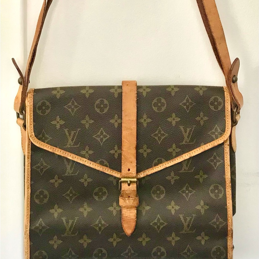 Louis Vuitton Brown and Gold Monogram Shoulder Bag with Flap Closure